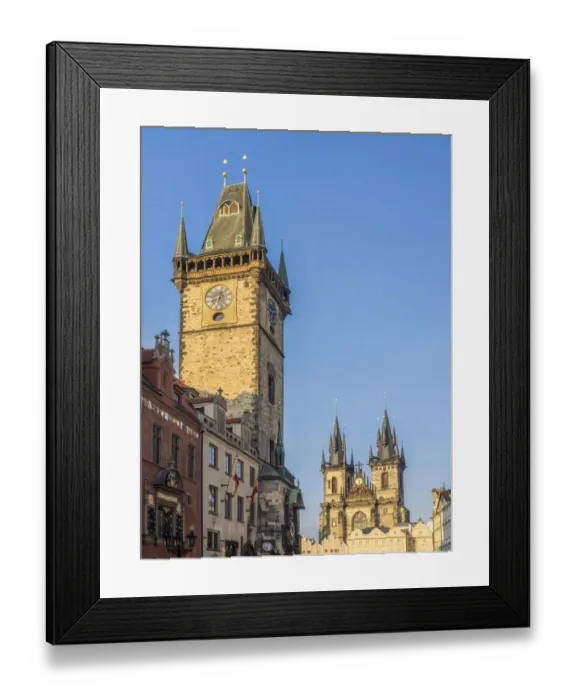 Framed Print : Europe, Czech Republic, Prague. Cityscape view on the clock tower and Tyn cathedral