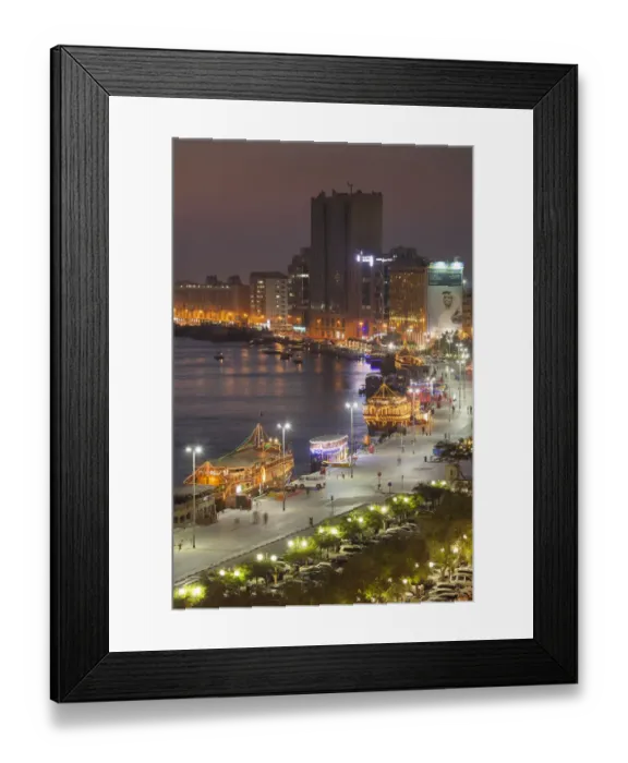 Framed Print : UAE, Dubai, Deira, elevated view of Dubai Creek, dusk Framed Print : UAE, Dubai, Deira, elevated view of Dubai Creek, dusk