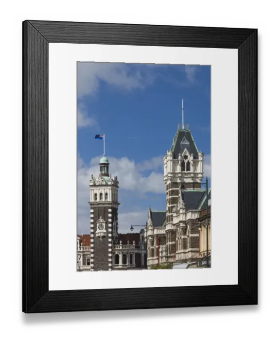 Framed Print : New Zealand, South Island, Otago, Dunedin, Railway Station and Dunedin High Courts building Framed Print : New Zealand, South Island, Otago, Dunedin, Railway Station and Dunedin High Courts building