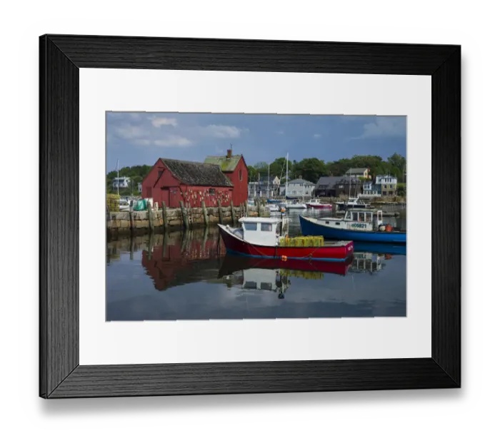 Framed Print : USA, Massachusetts, Cape Ann, Rockport, Rockport Harbor, boats and Motif Number One