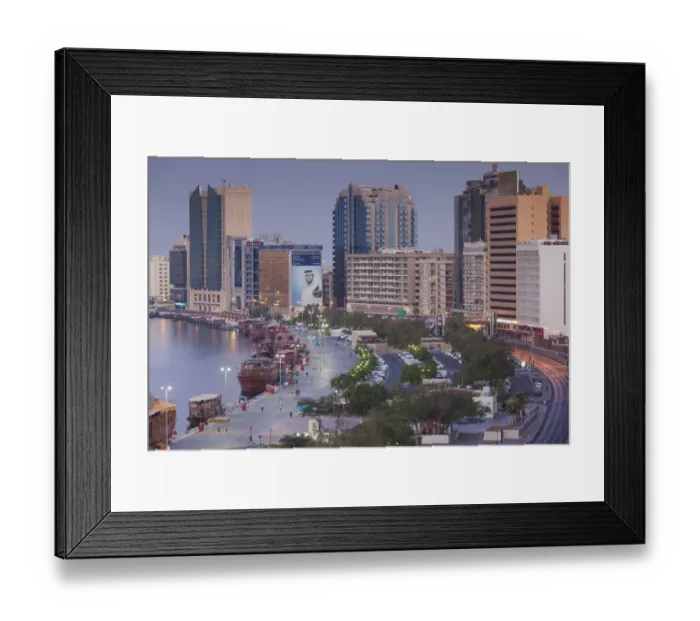 Framed Print : UAE, Dubai, Deira, elevated view of Dubai Creek, dawn Framed Print : UAE, Dubai, Deira, elevated view of Dubai Creek, dawn