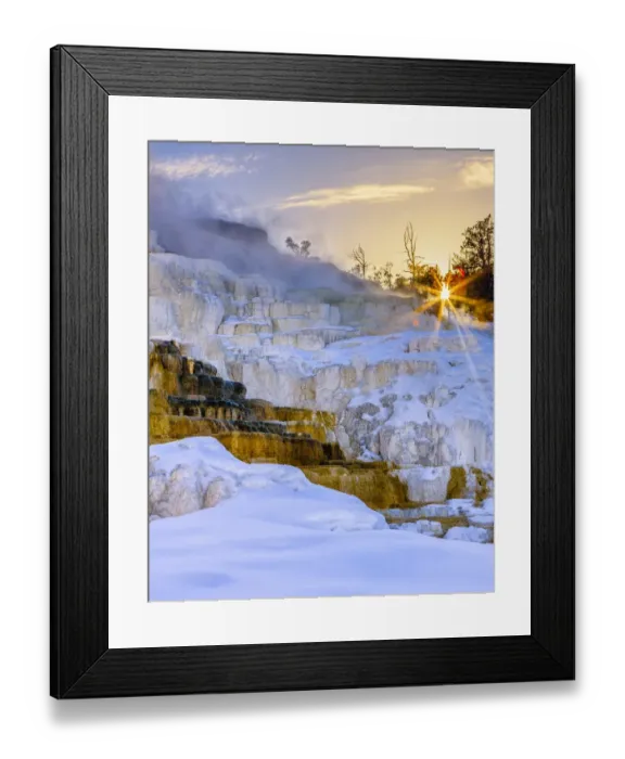 Framed Print : Sunrise over Travertine Terrace, Mammoth Falls. Yellowstone National Park. Wyoming Framed Print : Sunrise over Travertine Terrace, Mammoth Falls. Yellowstone National Park. Wyoming