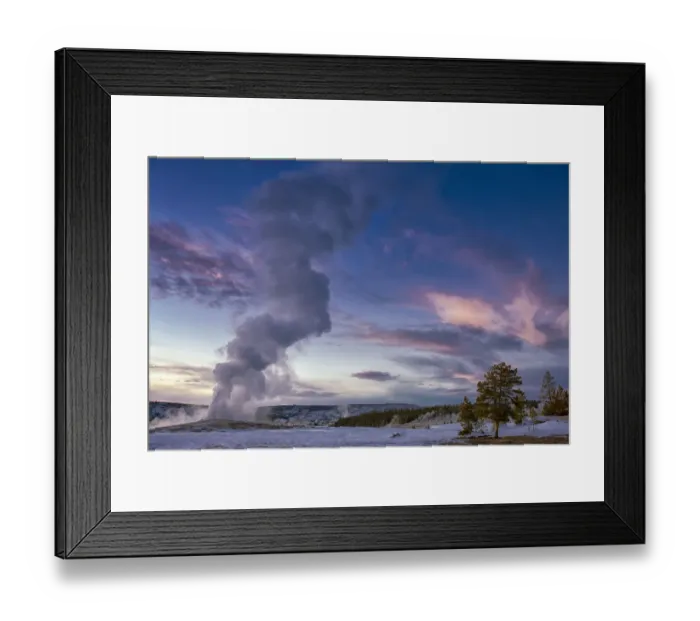 Framed Print : Eruption of Old Faithful Geyser after Sunset. Yellowstone National Park. Wyoming