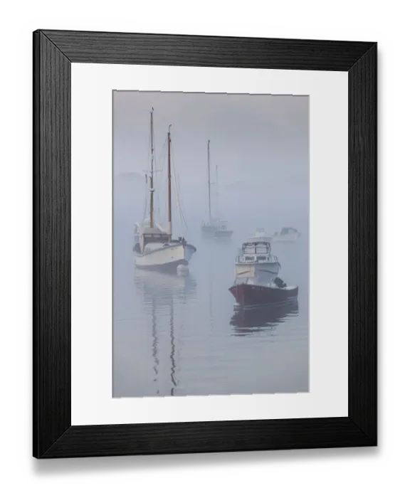 Framed Print : USA, Massachusetts, Cape Ann, boats in Annisquam Harbor in fog