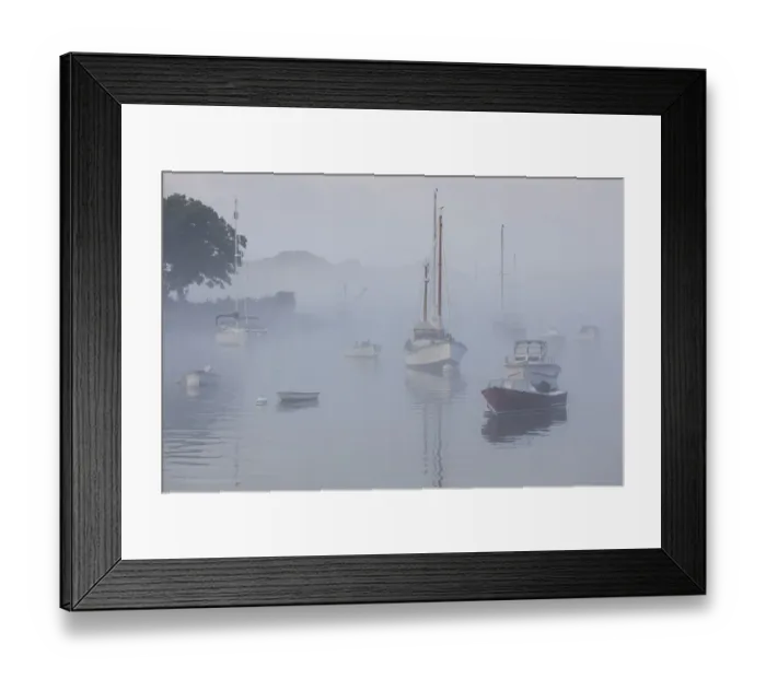 Framed Print : USA, Massachusetts, Cape Ann, boats in Annisquam Harbor in fog Framed Print : USA, Massachusetts, Cape Ann, boats in Annisquam Harbor in fog