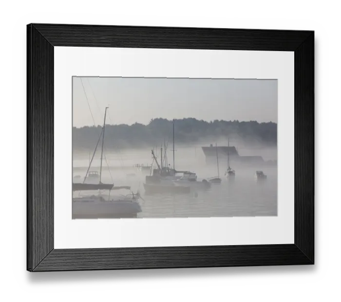 Framed Print : USA, Massachusetts, Cape Ann, boats in Annisquam Harbor in fog