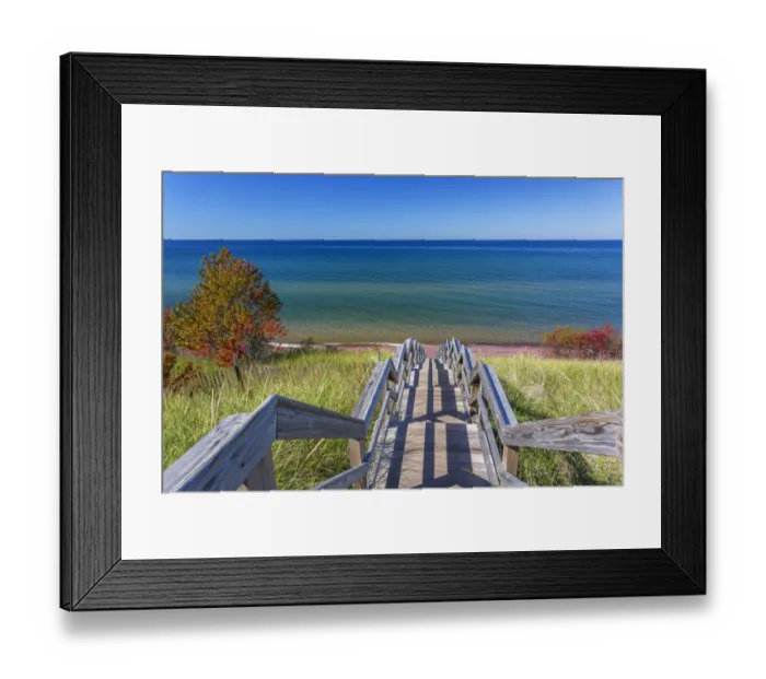 Framed Print : Michigan, Keweenaw Peninsula, Great Sand Bay, trail to beach and Lake Superior