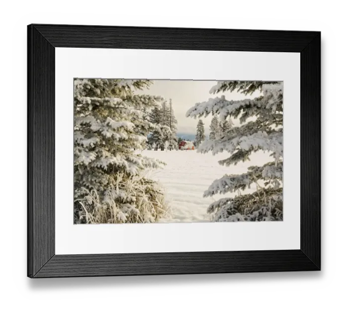 Framed Print : Classic red barn and snow scene, Kalispell, Montana