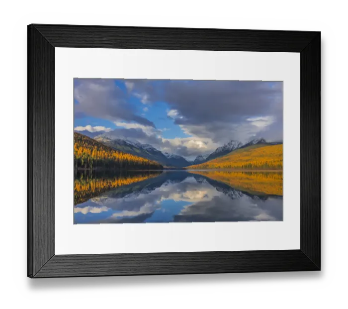 Framed Print : Mountain peaks reflect into Bowman Lake in autumn in Glacier National Park, Montana, USA Framed Print : Mountain peaks reflect into Bowman Lake in autumn in Glacier National Park, Montana, USA