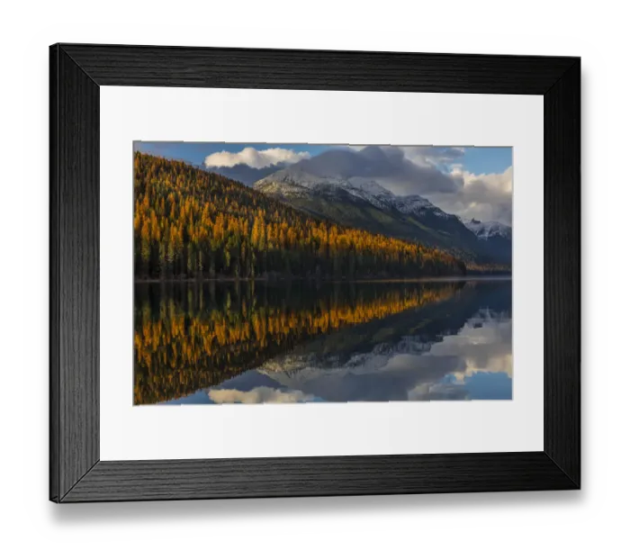 Framed Print : Mountain peaks reflect into Bowman Lake in autumn in Glacier National Park, Montana, USA Framed Print : Mountain peaks reflect into Bowman Lake in autumn in Glacier National Park, Montana, USA