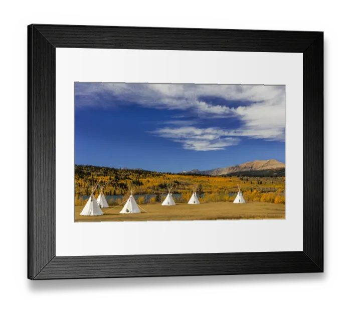 Framed Print : Tipis with Yellow Mountain in background at Chewing Black Bones campground near St Mary Framed Print : Tipis with Yellow Mountain in background at Chewing Black Bones campground near St Mary