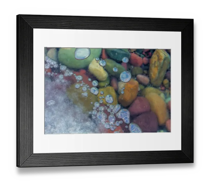 Framed Print : Macro of bubbles forming under ice along the edge of Lake McDonald in Glacier National Park