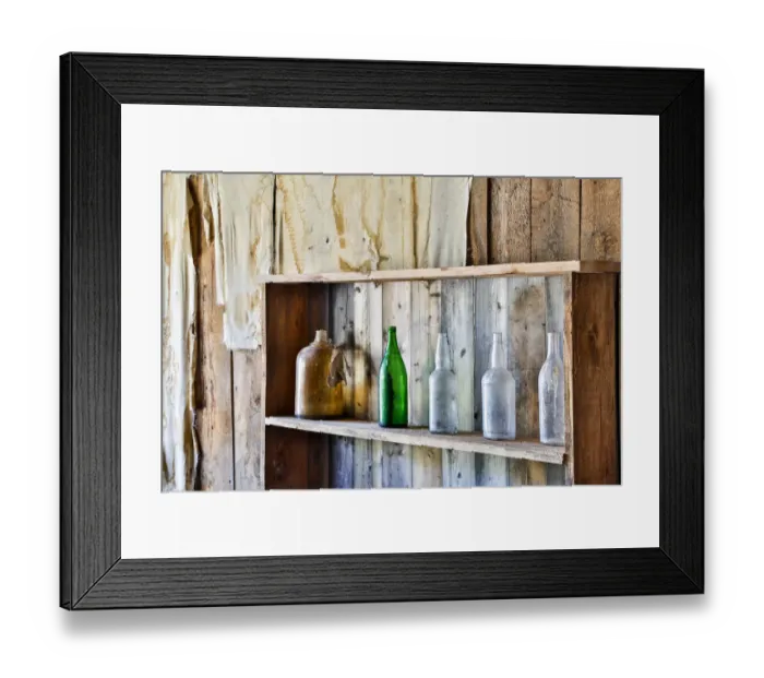 Framed Print : United States, Montana, Bannack, Bannack State Park, Old Bottles on a Shelf