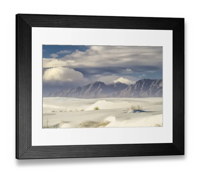 Framed Print : USA, New Mexico, White Sands National Monument. Clouds over mountains and sand. Credit as Framed Print : USA, New Mexico, White Sands National Monument. Clouds over mountains and sand. Credit as