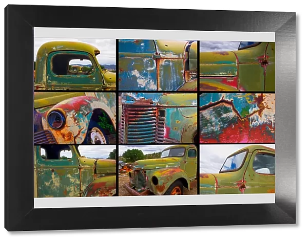 A poster featuring close up shots of several abandoned trucks in a public works yard