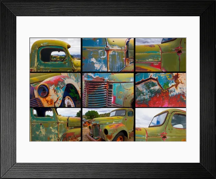 Framed Print : A poster featuring close up shots of several abandoned trucks in a public works yard Framed Print : A poster featuring close up shots of several abandoned trucks in a public works yard