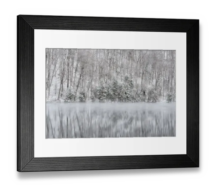 Framed Print : USA, New York State. Winter trees reflected in Round Lake, Green Lakes State Park