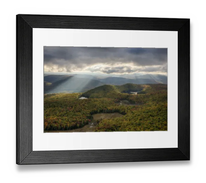 Framed Print : USA, New York State. Autumn sunrays in the mountains, Adirondack Mountains