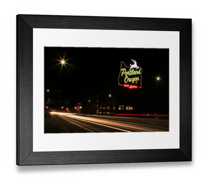 Framed Print : USA, Oregon, Portland. Neon sign in Old Town and traffic blur Framed Print : USA, Oregon, Portland. Neon sign in Old Town and traffic blur