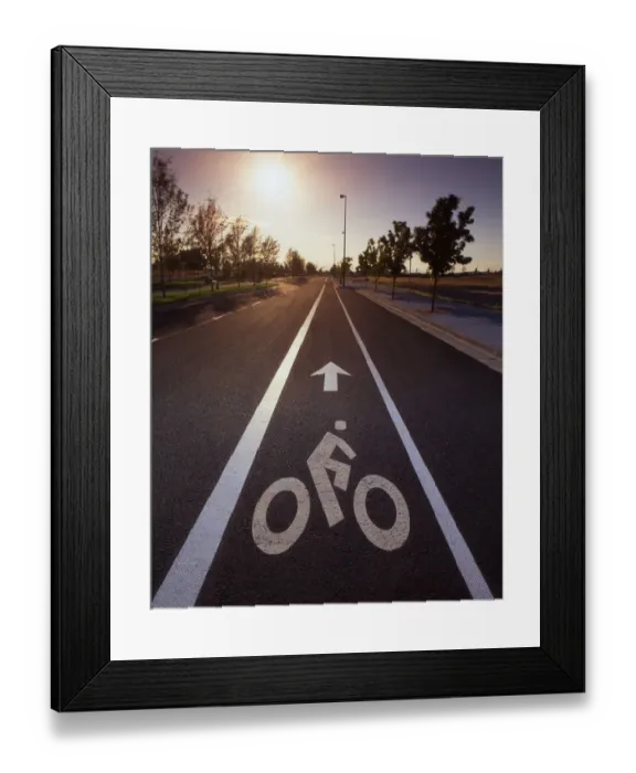 Framed Print : USA, Oregon, Portland. Bike rider sign on street