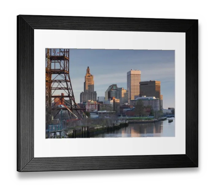 Framed Print : USA, Rhode Island, Providence, city skyline from the Providence River at dawn Framed Print : USA, Rhode Island, Providence, city skyline from the Providence River at dawn