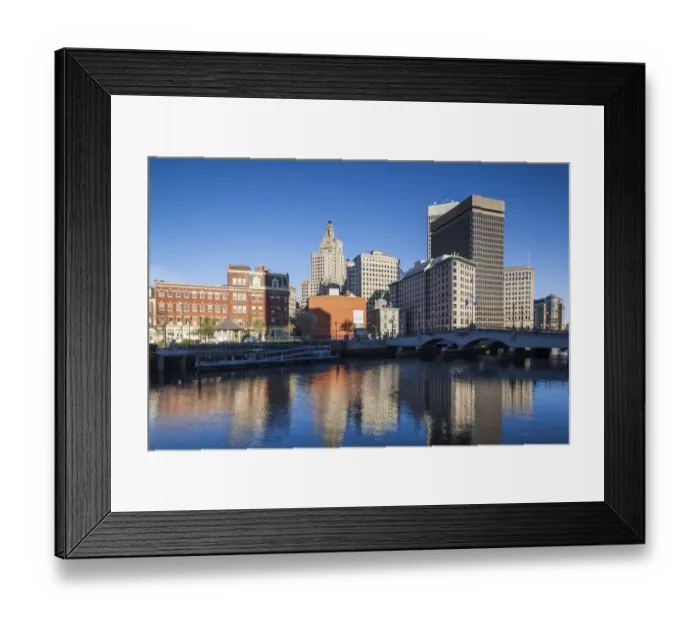 Framed Print : USA, Rhode Island, Providence, city skyline from the Providence River at dawn
