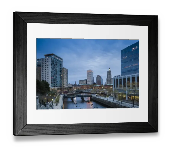 Framed Print : USA, Rhode Island, Providence, city skyline from Waterplace Park at dusk Framed Print : USA, Rhode Island, Providence, city skyline from Waterplace Park at dusk