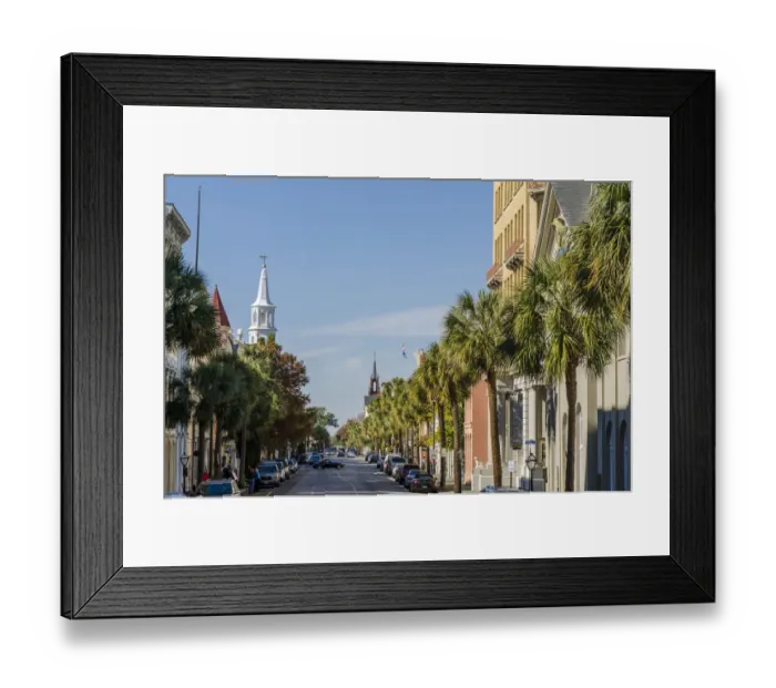 Framed Print : St. Michaels Episcopal Church spire and Broad Street from the window of