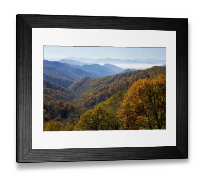 Framed Print : Autumn color on trees, mountain vista, fog in valley, Great Smoky Mountain National Park Framed Print : Autumn color on trees, mountain vista, fog in valley, Great Smoky Mountain National Park