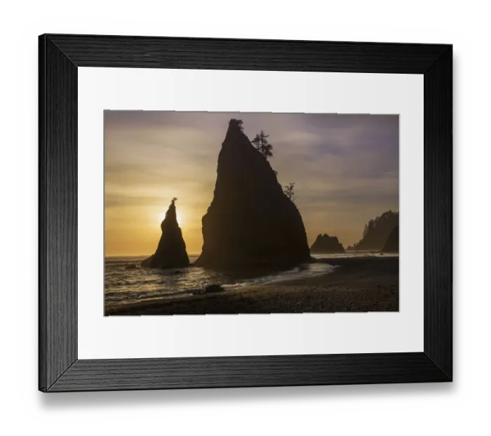 Framed Print : USA, Washington. Sunset on sea stacks at Rialto Beach