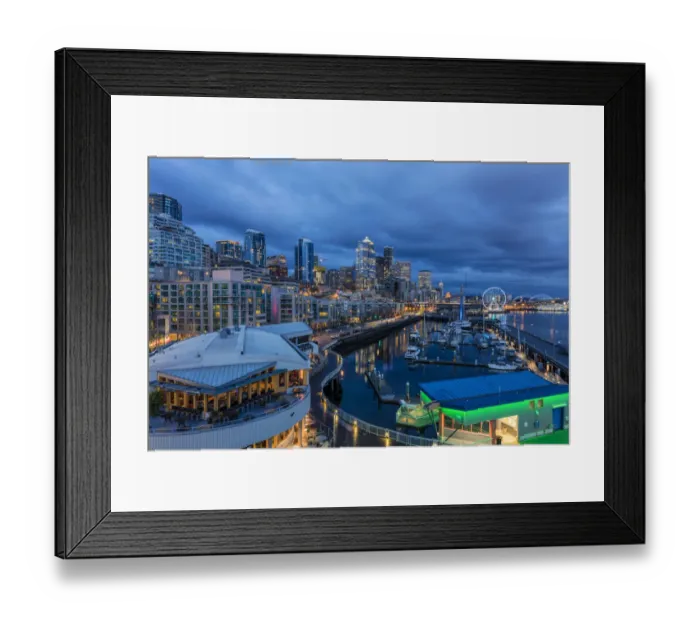 Framed Print : City skyline at dusk from Bell Street Pier in Seattle, Washington, USA Framed Print : City skyline at dusk from Bell Street Pier in Seattle, Washington, USA