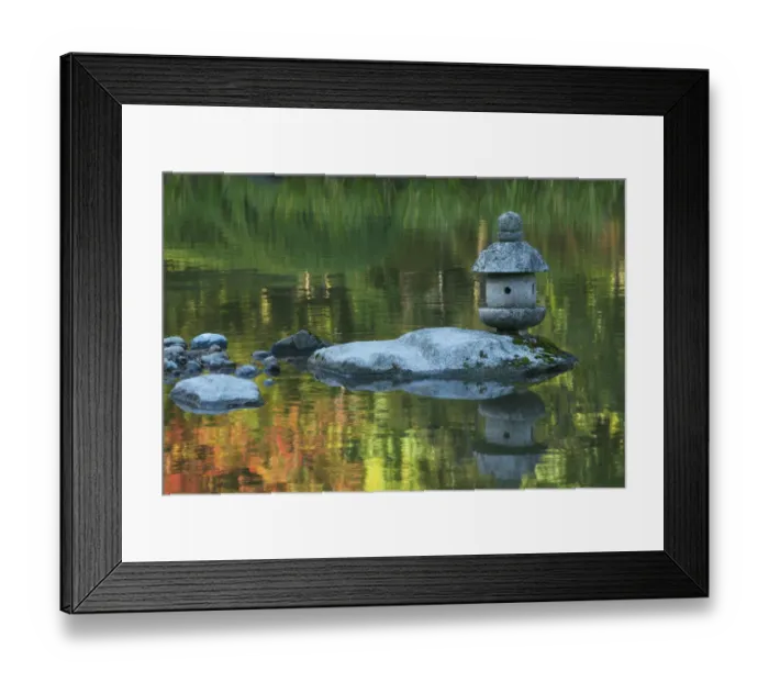 Framed Print : Concrete lantern on a rock in a pond surrounded by reflections of Fall colors in the water Framed Print : Concrete lantern on a rock in a pond surrounded by reflections of Fall colors in the water