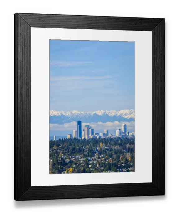 Framed Print : United States, Washington. Seattle skyline and Olympic mountains viewed from Bellevue
