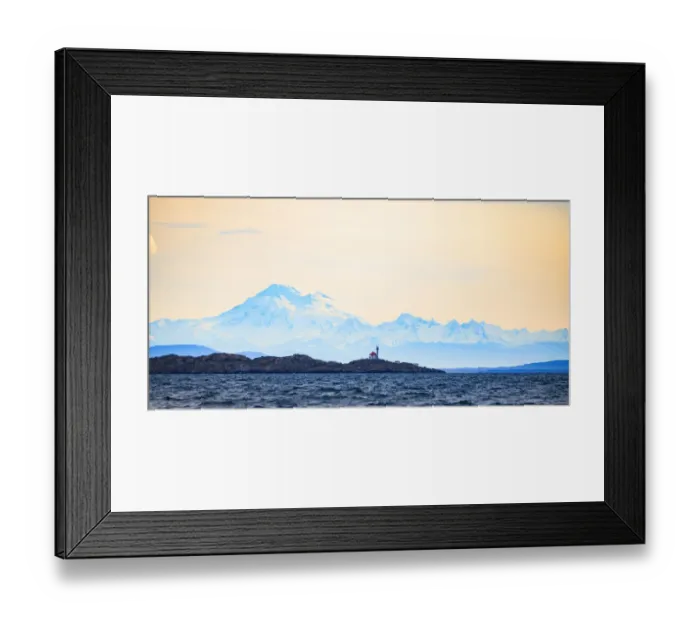 Framed Print : Discovery Island Lighthouse, Victoria, BC against Mt. Baker in WA Framed Print : Discovery Island Lighthouse, Victoria, BC against Mt. Baker in WA