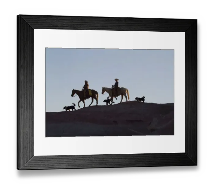 Framed Print : USA, Wyoming, Shell, The Hideout Ranch, Cowboys, Horses and Dogs in Early Light on Ridgeline Framed Print : USA, Wyoming, Shell, The Hideout Ranch, Cowboys, Horses and Dogs in Early Light on Ridgeline