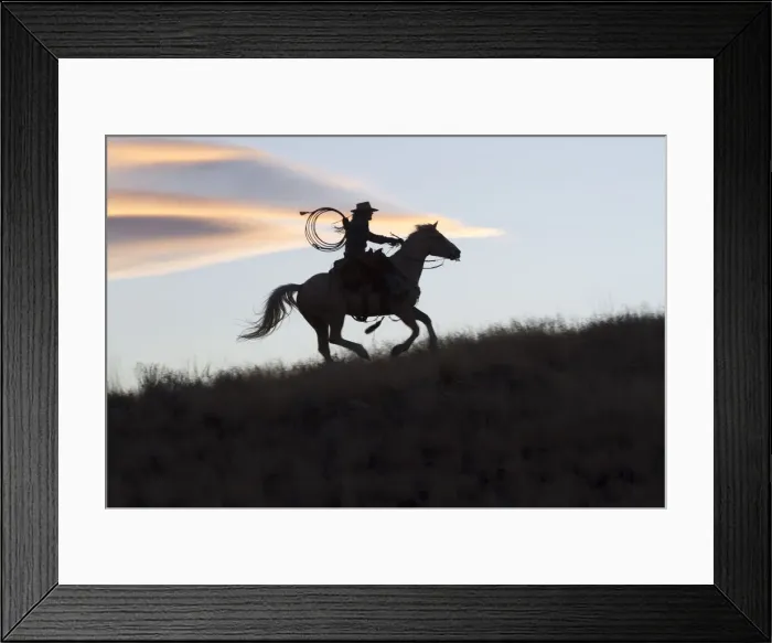 Framed Print : USA, Wyoming, Shell, The Hideout Ranch, Silhouette of Cowgirl with Horse at Sunset