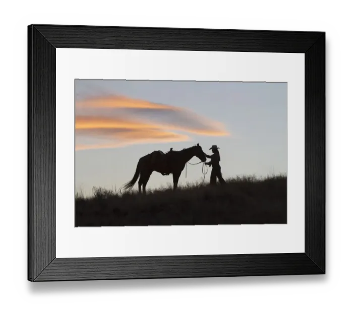 Framed Print : USA, Wyoming, Shell, The Hideout Ranch, Silhouette of Cowgirl with Horse at Sunset Framed Print : USA, Wyoming, Shell, The Hideout Ranch, Silhouette of Cowgirl with Horse at Sunset