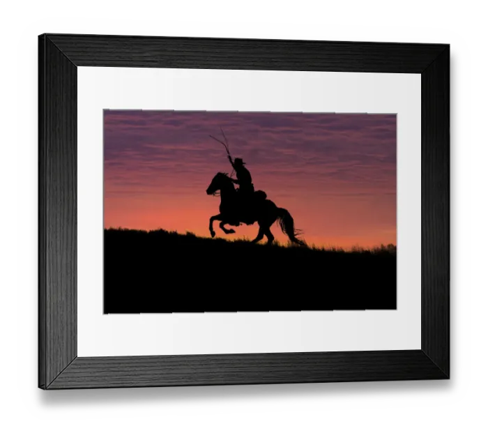Framed Print : USA, Wyoming, Shell, The Hideout Ranch, Silhouette of Cowboy and Horse at Sunset (MR / PR) Framed Print : USA, Wyoming, Shell, The Hideout Ranch, Silhouette of Cowboy and Horse at Sunset (MR / PR)