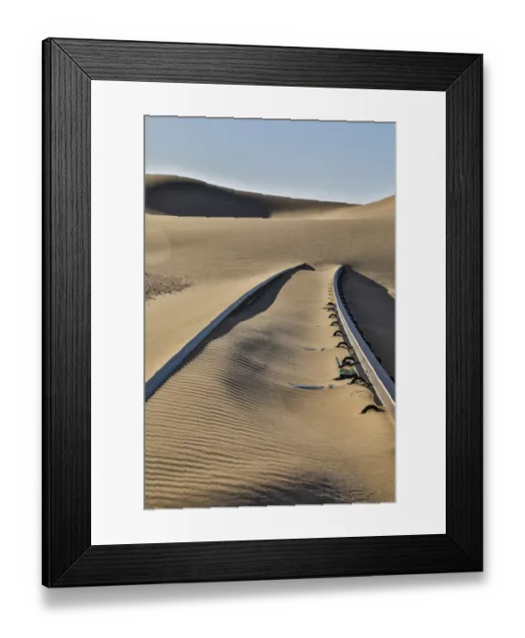 Framed Print : Africa, Namibia, Garub, Railroad Tracks and Drifted Sand Framed Print : Africa, Namibia, Garub, Railroad Tracks and Drifted Sand