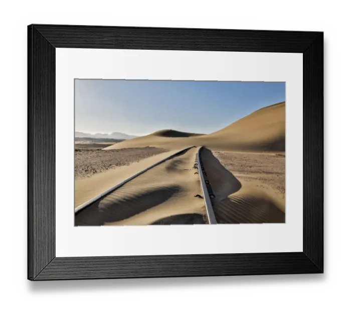Framed Print : Africa, Namibia, Garub, Railroad Tracks and Drifted Sand Framed Print : Africa, Namibia, Garub, Railroad Tracks and Drifted Sand