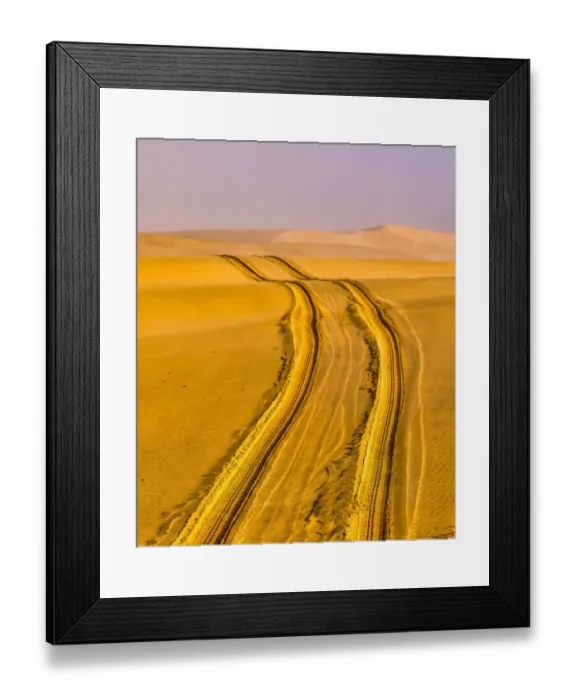 Framed Print : Africa, Namibia, Tire Tracks in the Desert outside Swakopmund