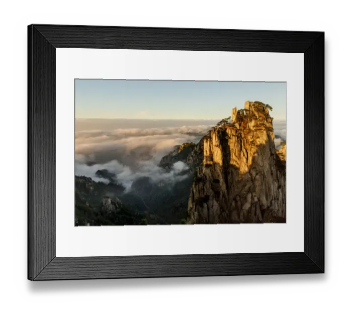 Framed Print : Mountain peaks and mist from above at sunrise, Yellow Mountain or Huangshan