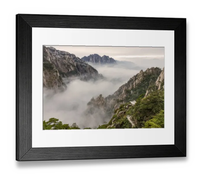 Framed Print : Mountain peaks and mist from above at sunrise, Yellow Mountain or Huangshan Framed Print : Mountain peaks and mist from above at sunrise, Yellow Mountain or Huangshan