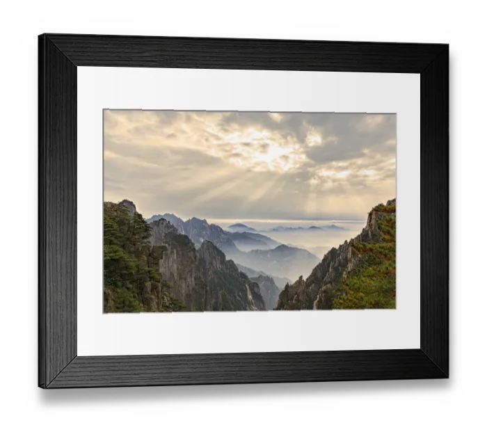 Framed Print : Mountain peaks and mist from above at sunrise, Yellow Mountain or Huangshan Framed Print : Mountain peaks and mist from above at sunrise, Yellow Mountain or Huangshan