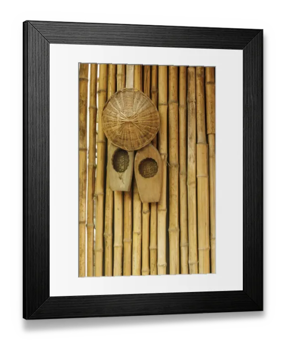 Framed Print : Traditional Chinese woven hat on bamboo wall, Guilin, China Framed Print : Traditional Chinese woven hat on bamboo wall, Guilin, China