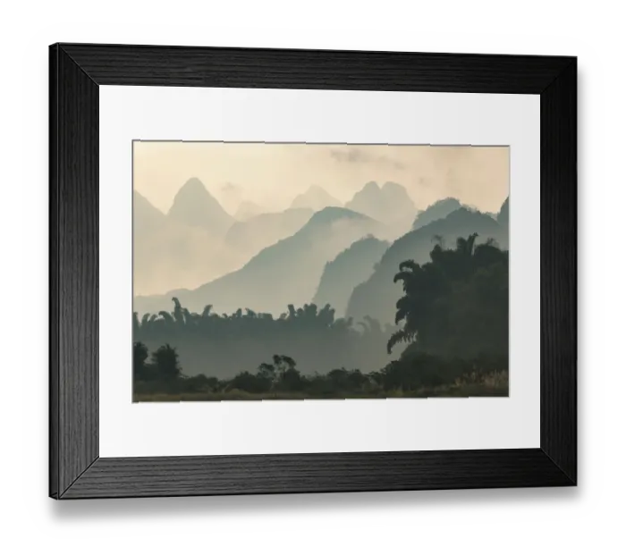 Framed Print : Karst formations and bamboo trees silhouetted in morning mist, Li River at sunrise Framed Print : Karst formations and bamboo trees silhouetted in morning mist, Li River at sunrise