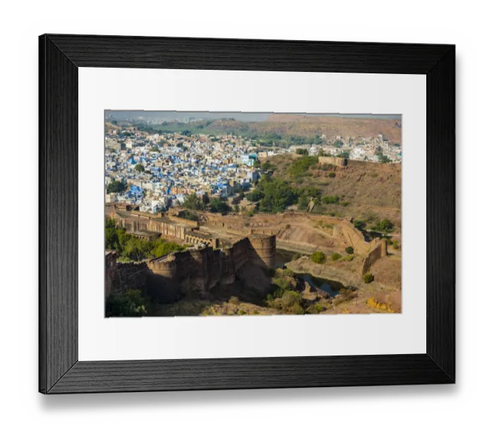 Framed Print : India, Rajasthan, Jodhpur. No Water No Life expedition, Mehrangarh Fort, view Framed Print : India, Rajasthan, Jodhpur. No Water No Life expedition, Mehrangarh Fort, view