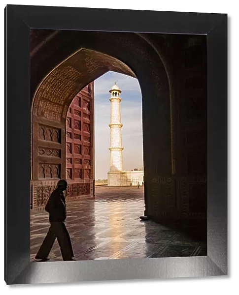 India, Uttar Pradesh. Agra. No Water No Life expedition, Taj Mahal minaret framed