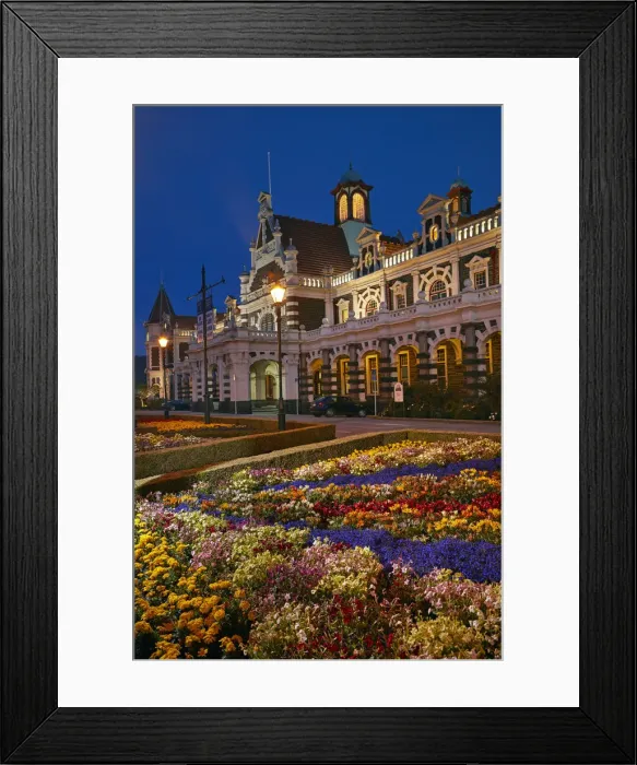 Framed Print : Flower garden and historic Railway Station at night, Dunedin, South Island, New Zealand Framed Print : Flower garden and historic Railway Station at night, Dunedin, South Island, New Zealand