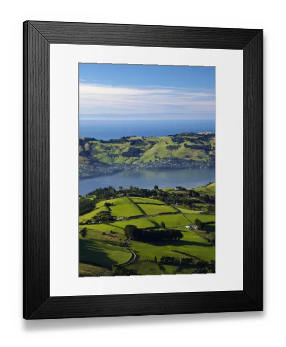Framed Print : Farmland at Upper Junction, and Otago Harbor and Otago Peninsula, Dunedin, South Island Framed Print : Farmland at Upper Junction, and Otago Harbor and Otago Peninsula, Dunedin, South Island